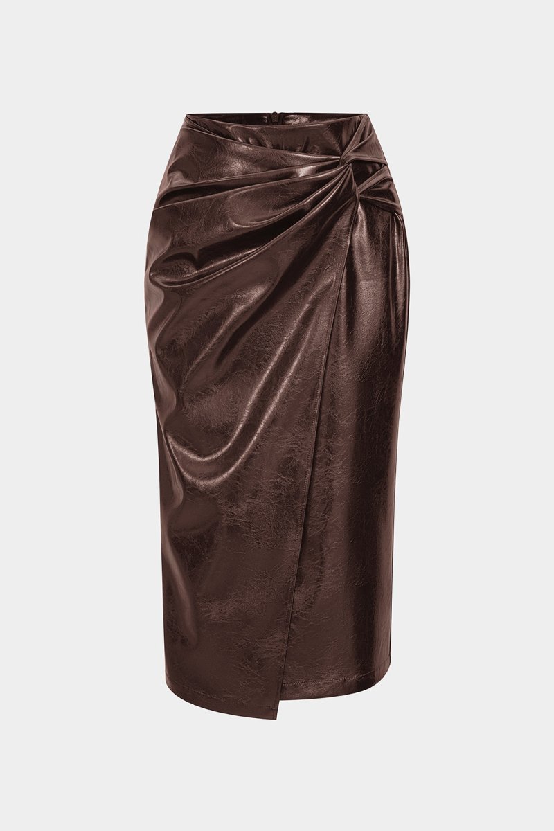 Faux Leather High Waist Ruched Asymmetrical Skirt - MISMIMCWBK2508050081-BROWN-XS