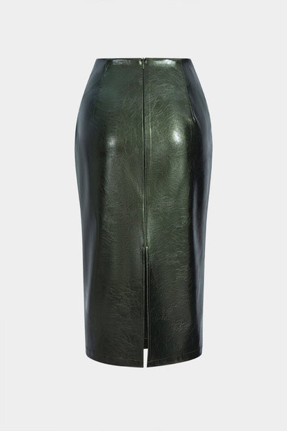 Faux Leather High Waist Ruched Asymmetrical Skirt - MISMIMCWBK2508050081-DARK GREEN-XS
