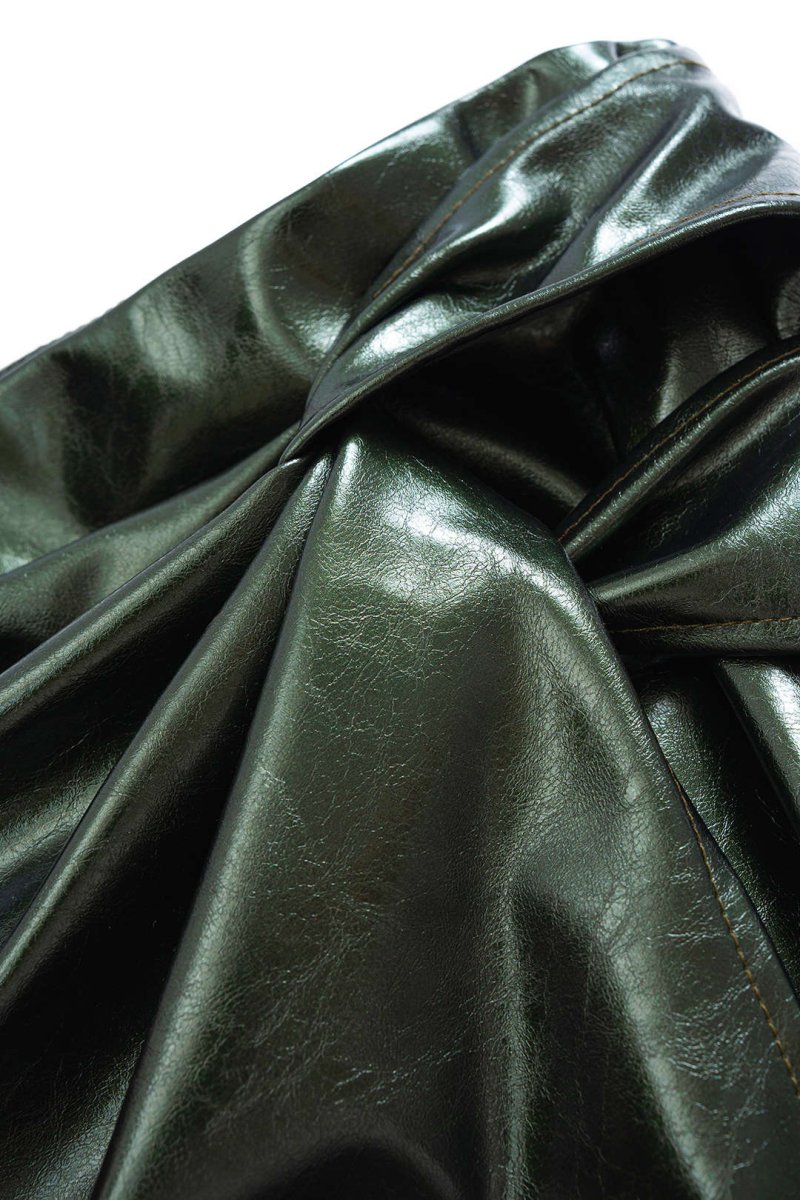 Faux Leather High Waist Ruched Asymmetrical Skirt - MISMIMCWBK2508050081-DARK GREEN-XS
