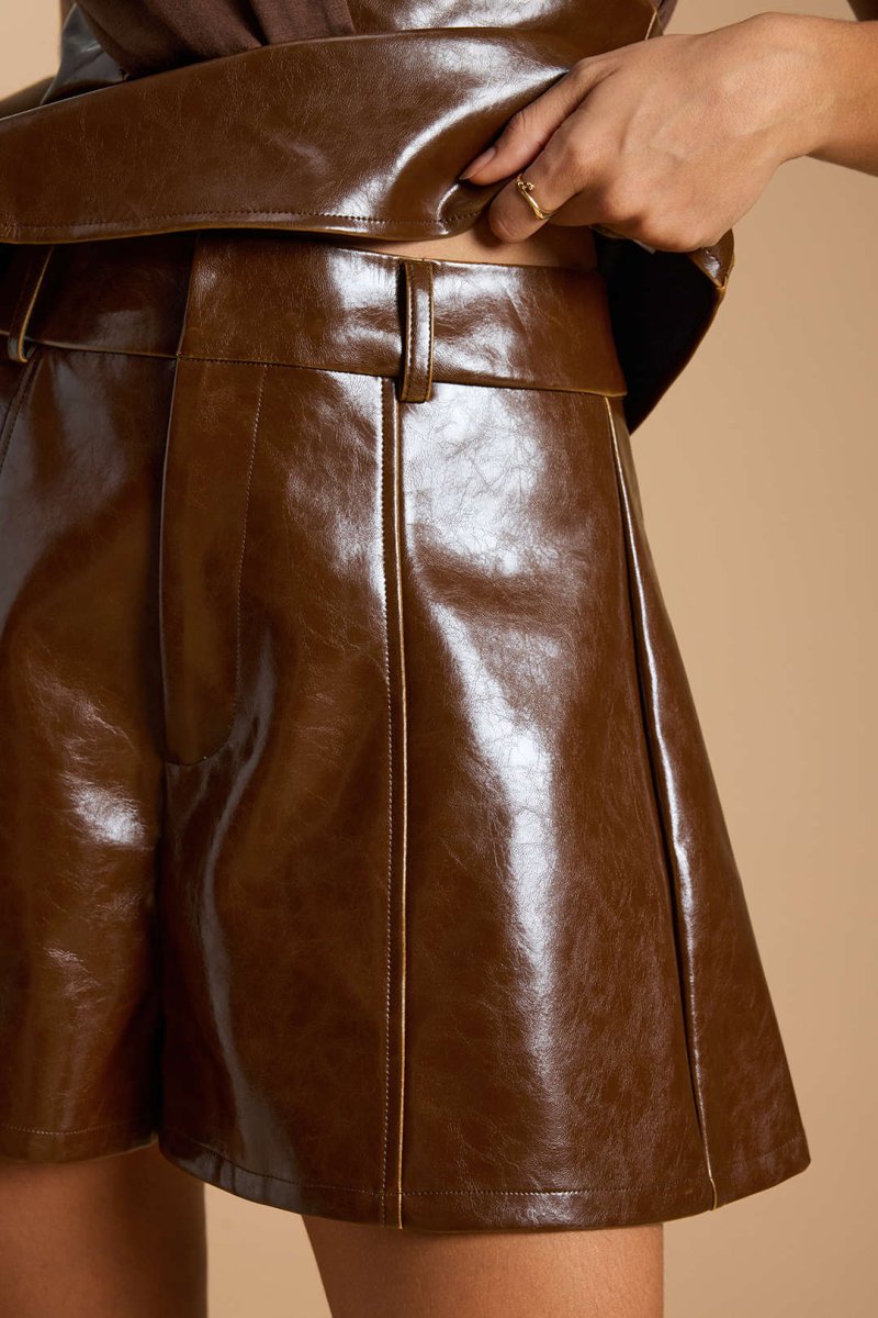 Faux Leather High Waist Shorts - MISMIMCWBS2505260053-BROWN-XS