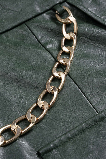 Faux Leather Metallic Asymmetrical Shorts - MISMIMCWBK2509050016-MILITARY-XS