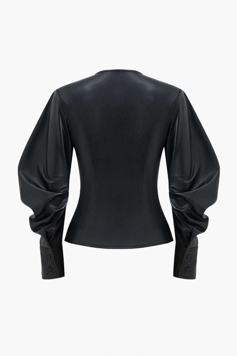 Faux Leather Metallic Button Jacket - MISMIMCWTE2409140009-BLACK-XS