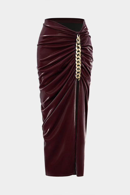 Faux Leather Metallic Chain Ruched Asymmetrical Skirt - MISMIMCWBK2507260013-BURGUNDY-XS
