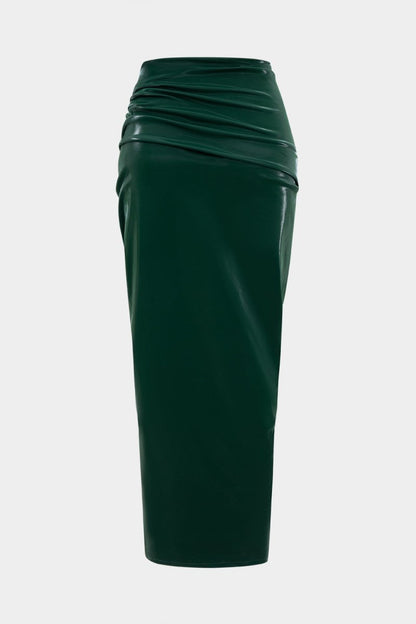Faux Leather Metallic Chain Ruched Asymmetrical Skirt - MISMIMCWBK2507260013-JADE-XS