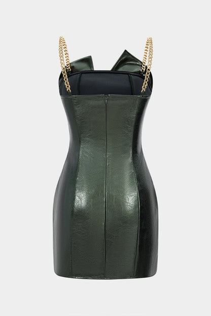Faux Leather Metallic Ruched Sleeveless Slip Mini Dress - MISMIMCWDC2509080001-DARK GREEN-XS