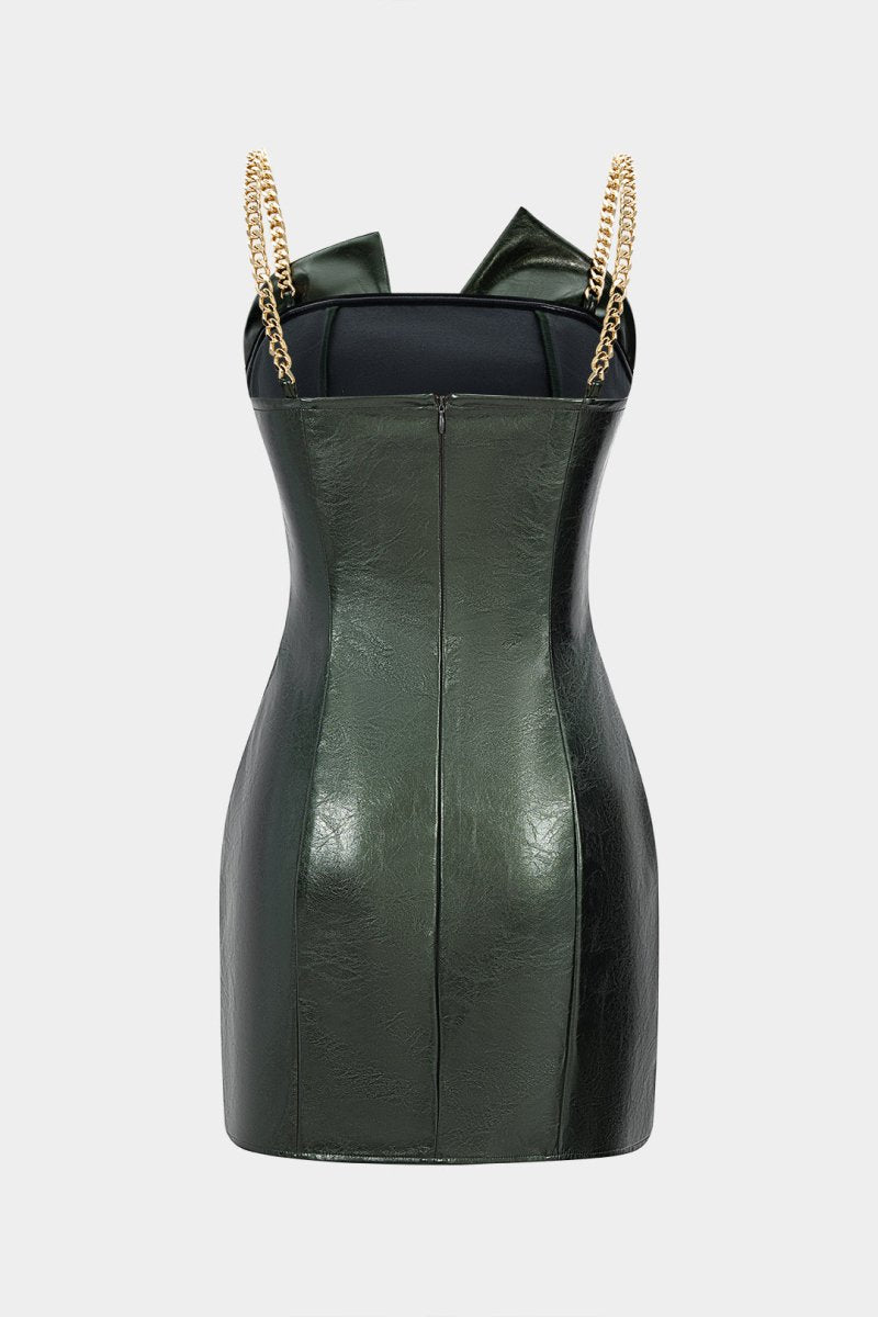 Faux Leather Metallic Ruched Sleeveless Slip Mini Dress - MISMIMCWDC2509080001-DARK GREEN-XS