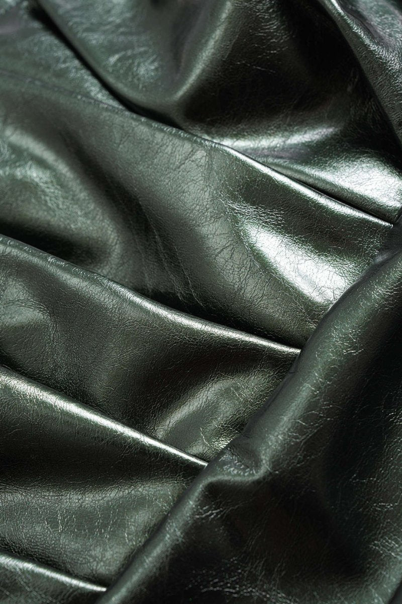 Faux Leather Metallic Ruched Sleeveless Slip Mini Dress - MISMIMCWDC2509080001-DARK GREEN-XS