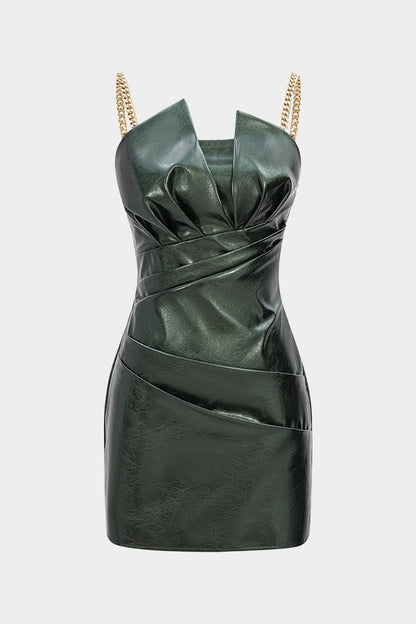 Faux Leather Metallic Ruched Sleeveless Slip Mini Dress - MISMIMCWDC2509080001-DARK GREEN-XS