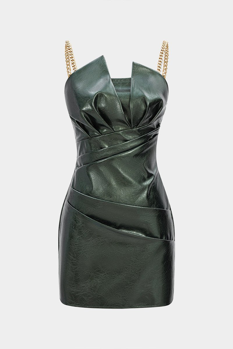 Faux Leather Metallic Ruched Sleeveless Slip Mini Dress - MISMIMCWDC2509080001-DARK GREEN-XS