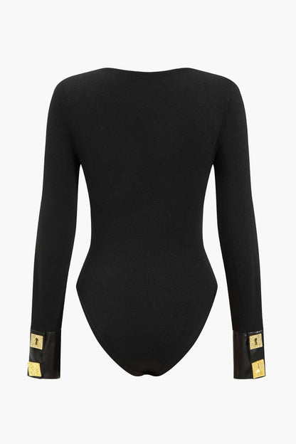 Faux Leather Patchwork Button Bodysuit - MISMIMCWTO2410160079-BLACK-XS