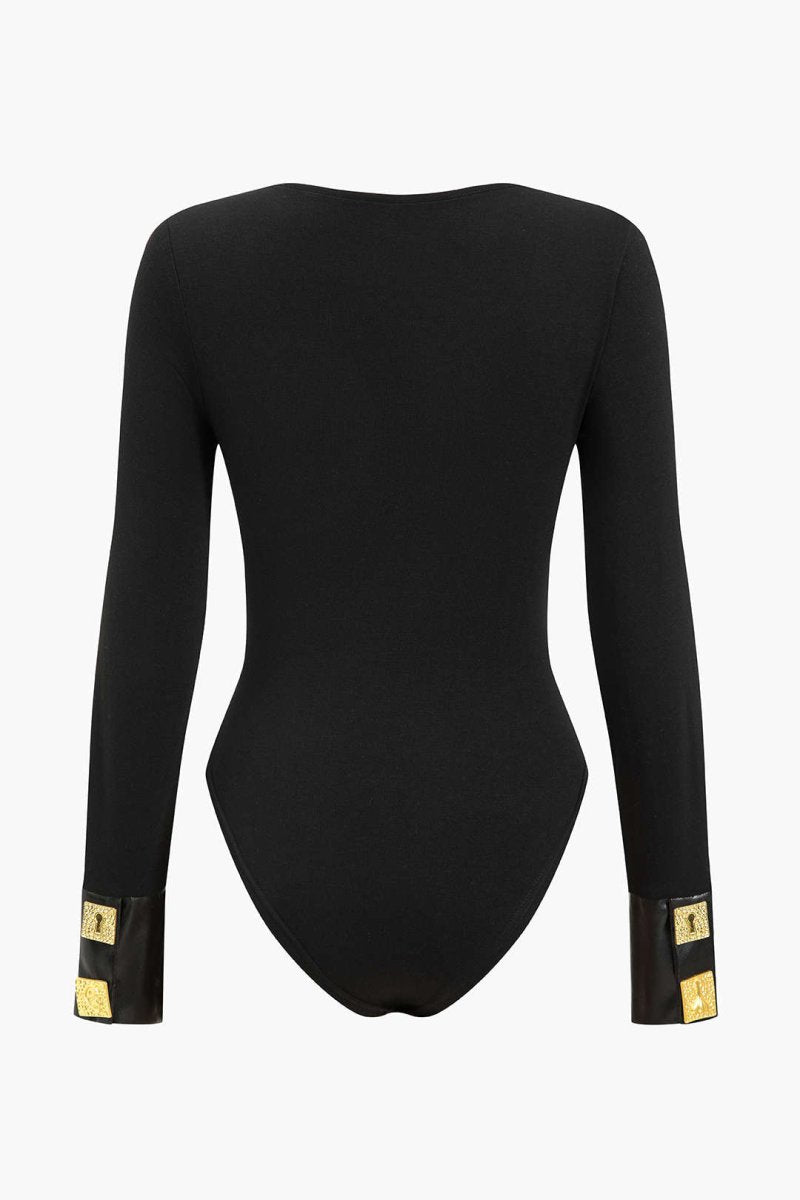 Faux Leather Patchwork Button Bodysuit - MISMIMCWTO2410160079-BLACK-XS