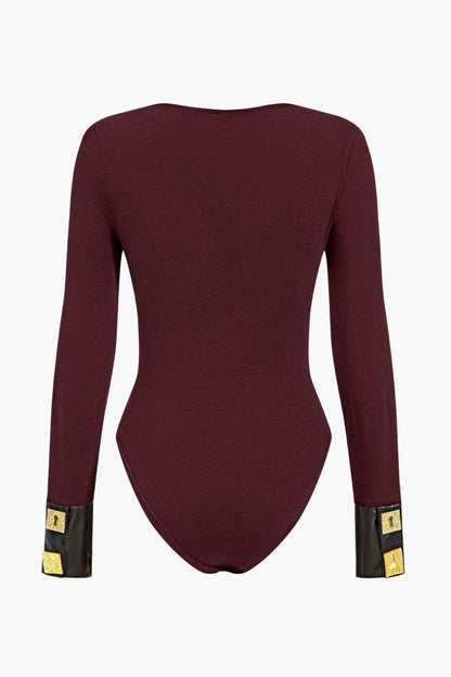 Faux Leather Patchwork Button Bodysuit - MISMIMCWTO2410160079-BURGUNDY-XS