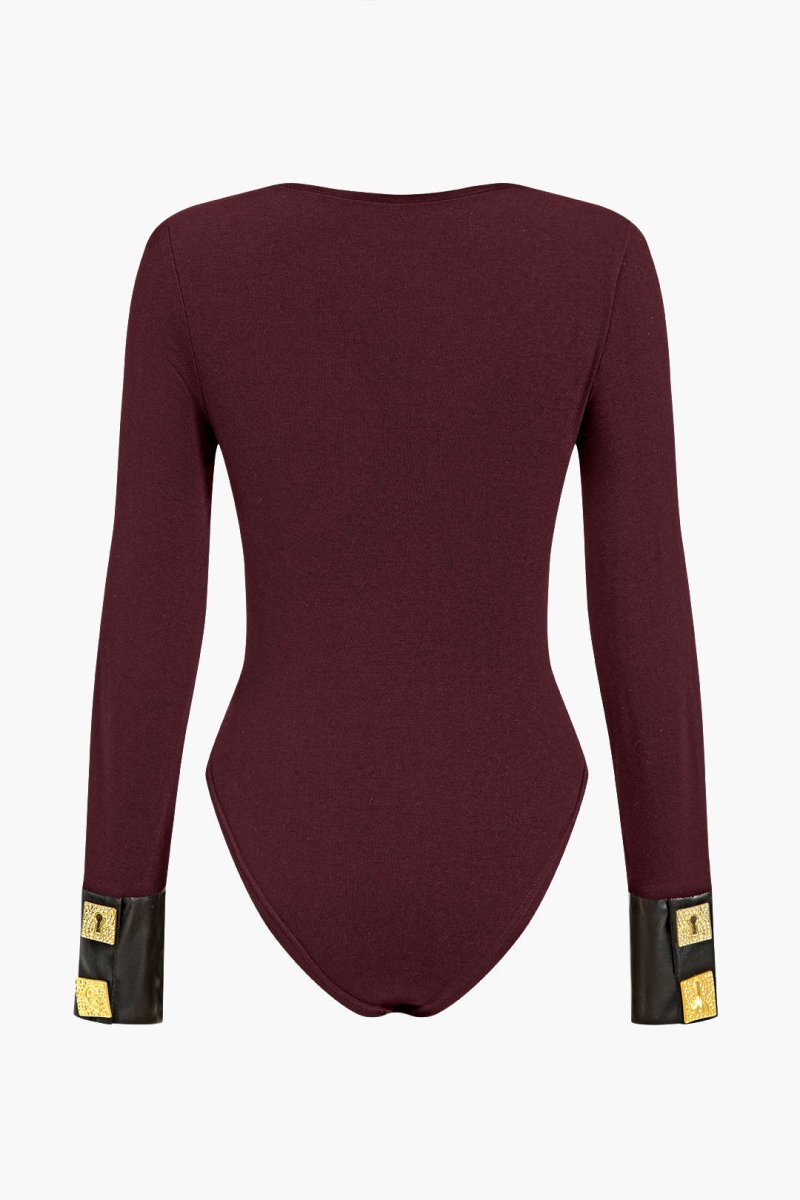 Faux Leather Patchwork Button Bodysuit - MISMIMCWTO2410160079-BURGUNDY-XS