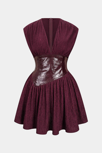 Faux Leather Patchwork Button Sleeveless Mini Dress - MISMIMCWTV2510090054-BURGUNDY-XS