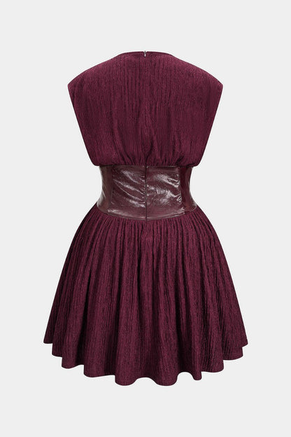Faux Leather Patchwork Button Sleeveless Mini Dress - MISMIMCWTV2510090054-BURGUNDY-XS