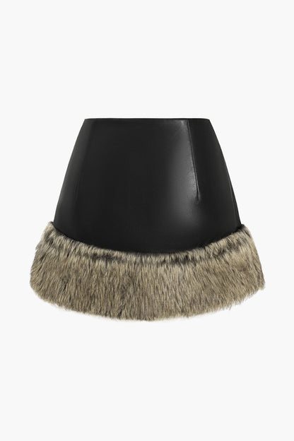 Faux Leather Patchwork Fur Skirt - MISMIMCWBK2410150068-BLACK-XS