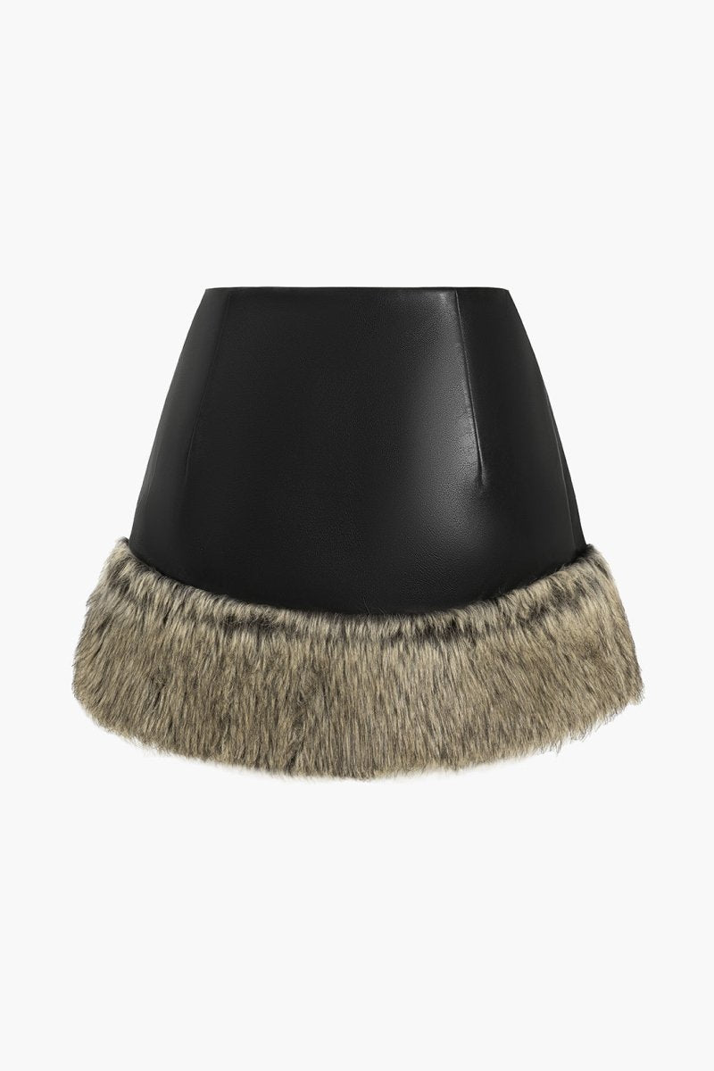 Faux Leather Patchwork Fur Skirt - MISMIMCWBK2410150068-BLACK-XS