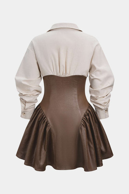 Faux Leather Patchwork Long Sleeve Mini Dress - MISMIMCWDC2510110020-BROWN-XS