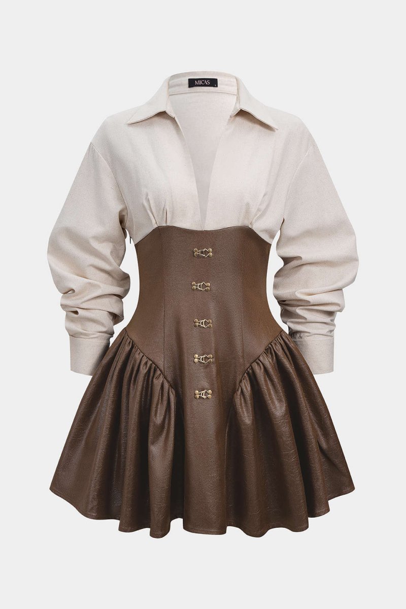 Faux Leather Patchwork Long Sleeve Mini Dress - MISMIMCWDC2510110020-BROWN-XS