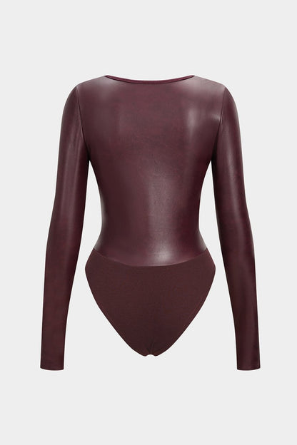 Faux Leather Patchwork Round Neck Long Sleeve Bodysuit - MISMIMCWTO2508250026-BURGUNDY-XS