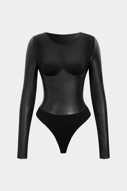 Faux Leather Patchwork Round Neck Long Sleeve Bodysuit - MISMIMCWTO2508250026-BLACK-XS