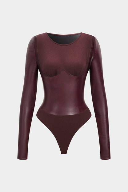 Faux Leather Patchwork Round Neck Long Sleeve Bodysuit - MISMIMCWTO2508250026-BURGUNDY-XS