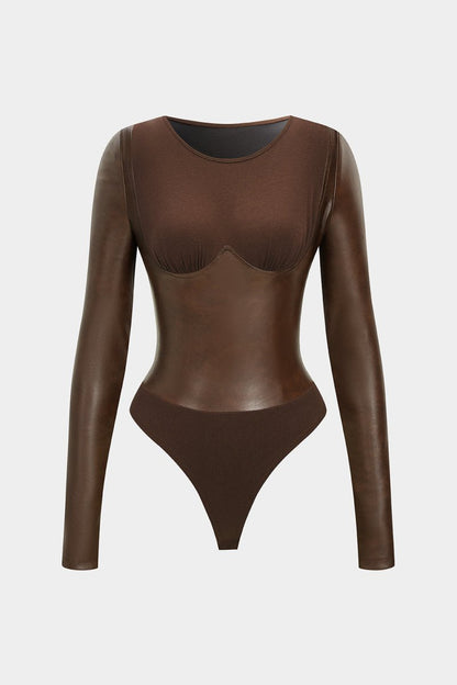 Faux Leather Patchwork Round Neck Long Sleeve Bodysuit - MISMIMCWTO2508250026-COFFEE-XS