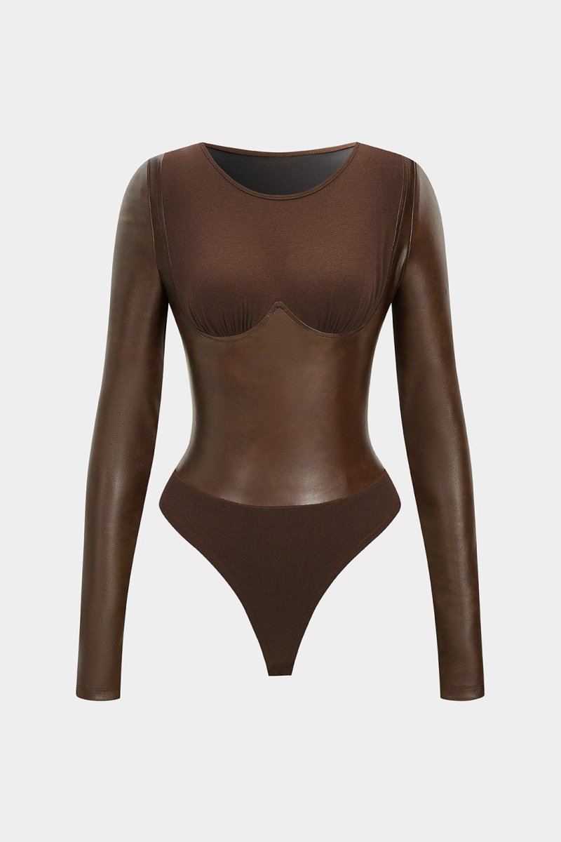 Faux Leather Patchwork Round Neck Long Sleeve Bodysuit - MISMIMCWTO2508250026-COFFEE-XS