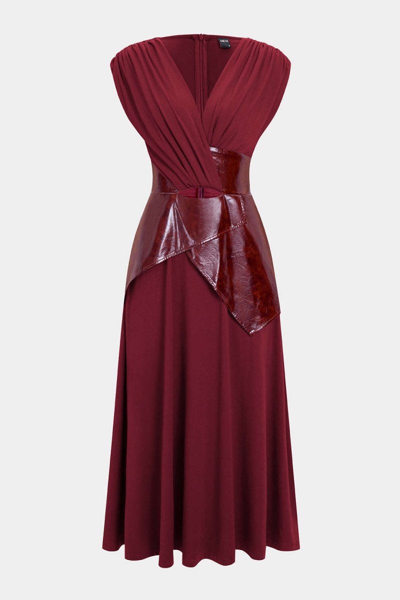 Faux Leather Patchwork Ruched Short - Sleeve Maxi Dress - MISMIMCWDB2509250013-BURGUNDY-XS