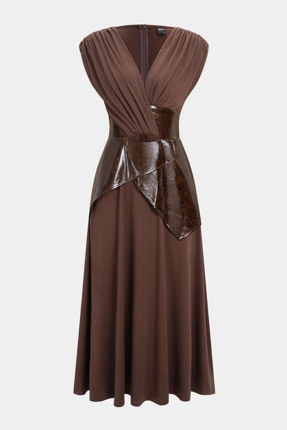 Faux Leather Patchwork Ruched Short - Sleeve Maxi Dress - MISMIMCWDB2509250013-BROWN-XS