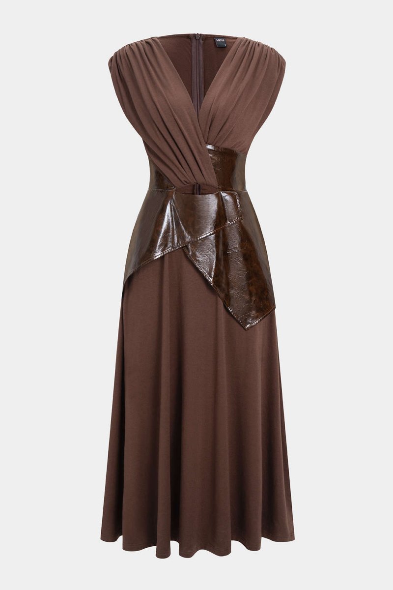 Faux Leather Patchwork Ruched Short - Sleeve Maxi Dress - MISMIMCWDB2509250013-BROWN-XS