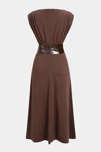 Faux Leather Patchwork Ruched Short - Sleeve Maxi Dress - MISMIMCWDB2509250013-BROWN-XS
