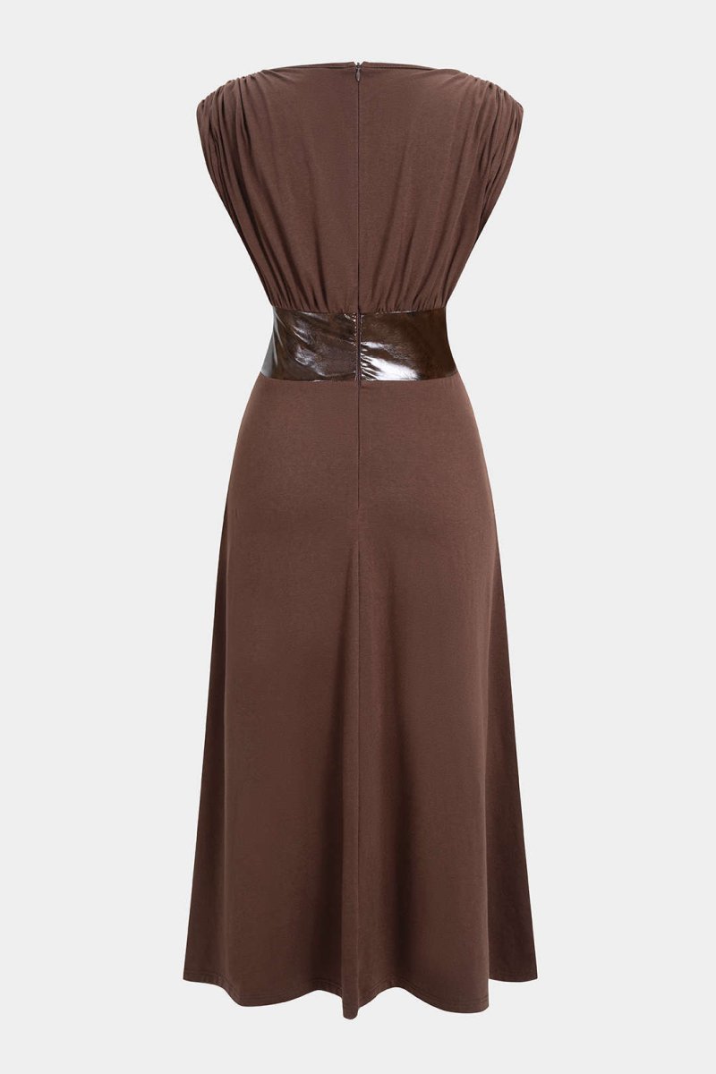 Faux Leather Patchwork Ruched Short - Sleeve Maxi Dress - MISMIMCWDB2509250013-BROWN-XS