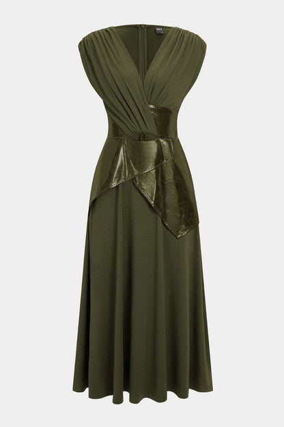 Faux Leather Patchwork Ruched Short - Sleeve Maxi Dress - MISMIMCWDB2509250013-DARK GREEN-XS