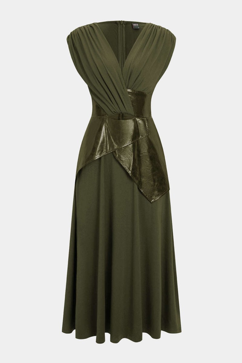 Faux Leather Patchwork Ruched Short - Sleeve Maxi Dress - MISMIMCWDB2509250013-DARK GREEN-XS