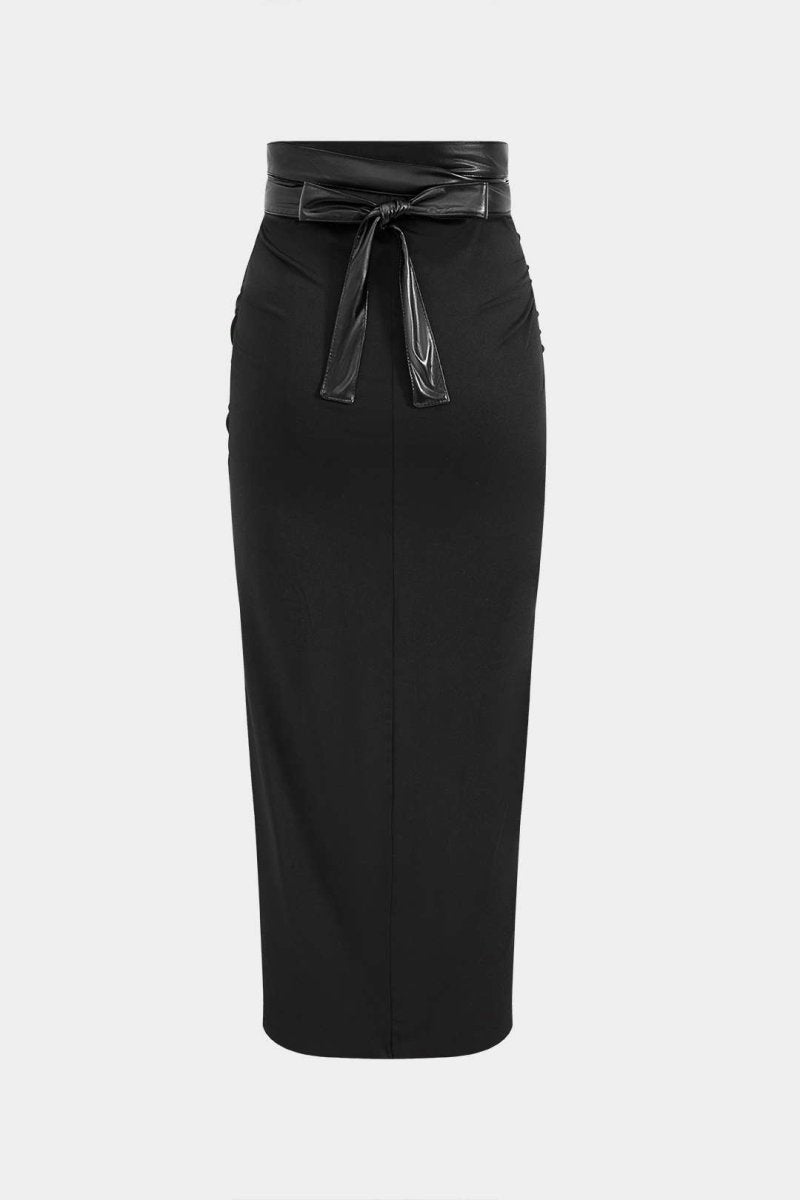 Faux Leather Patchwork Ruched Skirt - MISMIMCWBK2409300025-BLACK-XS