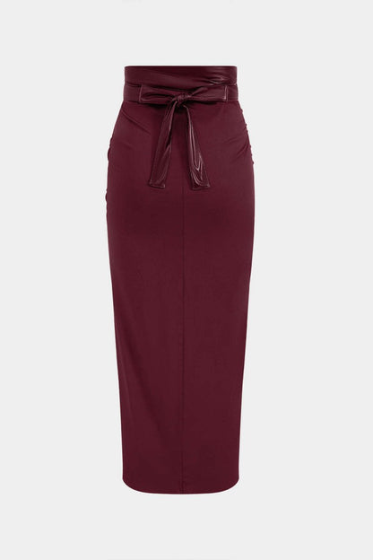 Faux Leather Patchwork Ruched Skirt - MISMIMCWBK2409300025-BURGUNDY-XXS
