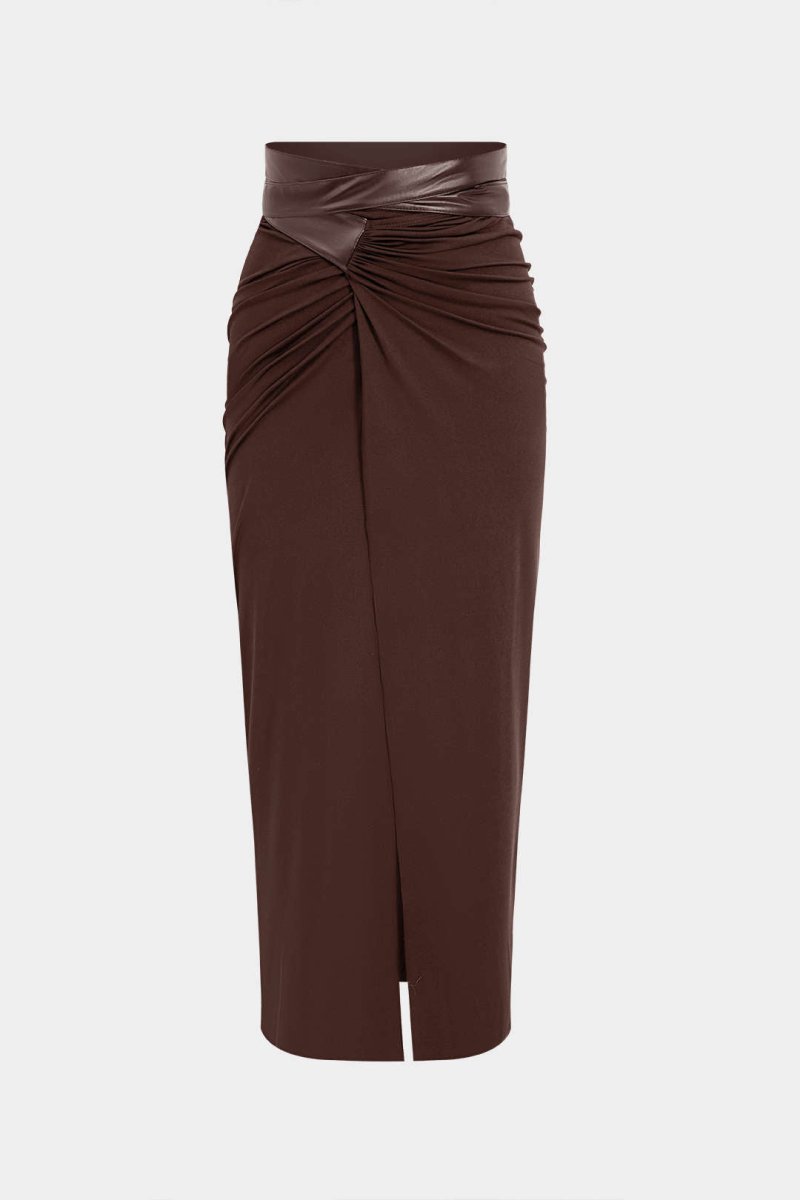 Faux Leather Patchwork Ruched Skirt - MISMIMCWBK2409300025-BROWN-XS