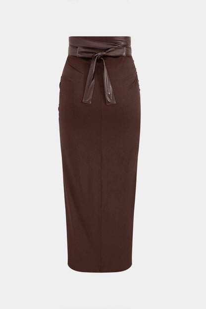Faux Leather Patchwork Ruched Skirt - MISMIMCWBK2409300025-BROWN-XS