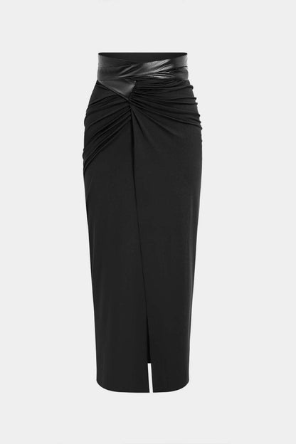 Faux Leather Patchwork Ruched Skirt - MISMIMCWBK2409300025-BLACK-XS