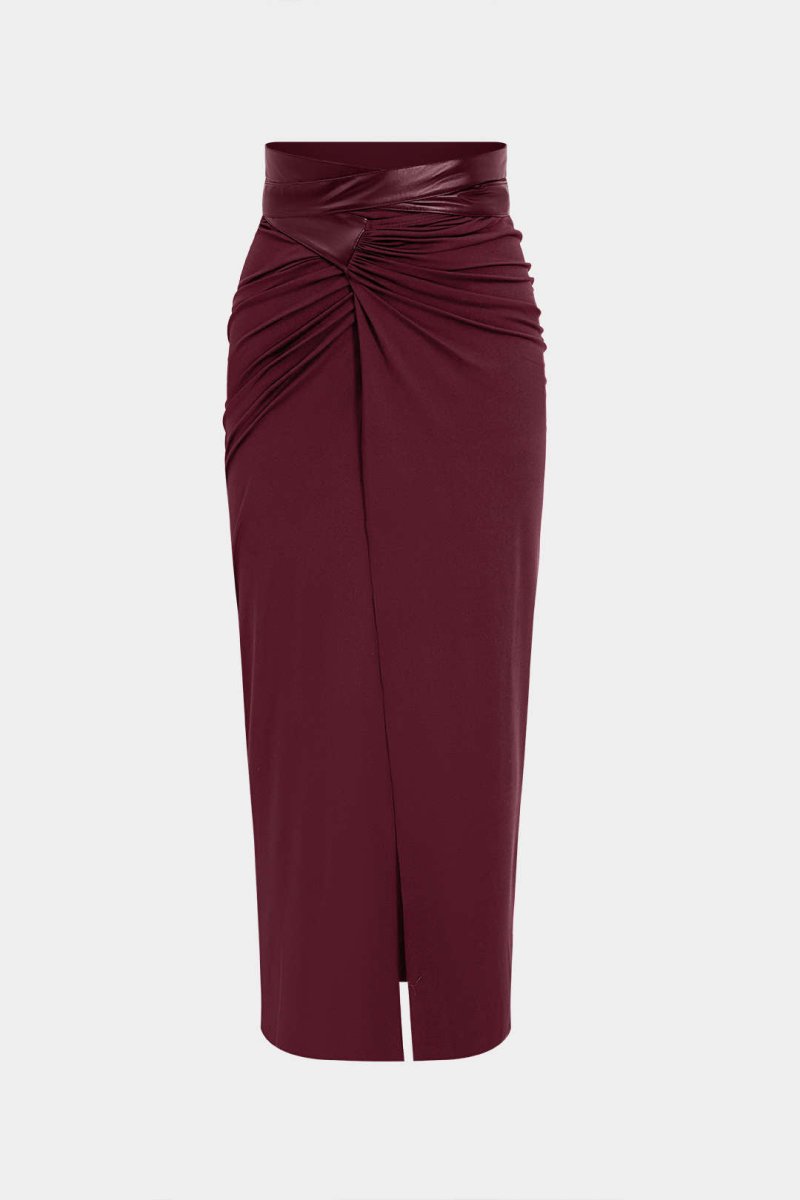 Faux Leather Patchwork Ruched Skirt - MISMIMCWBK2409300025-BURGUNDY-XXS