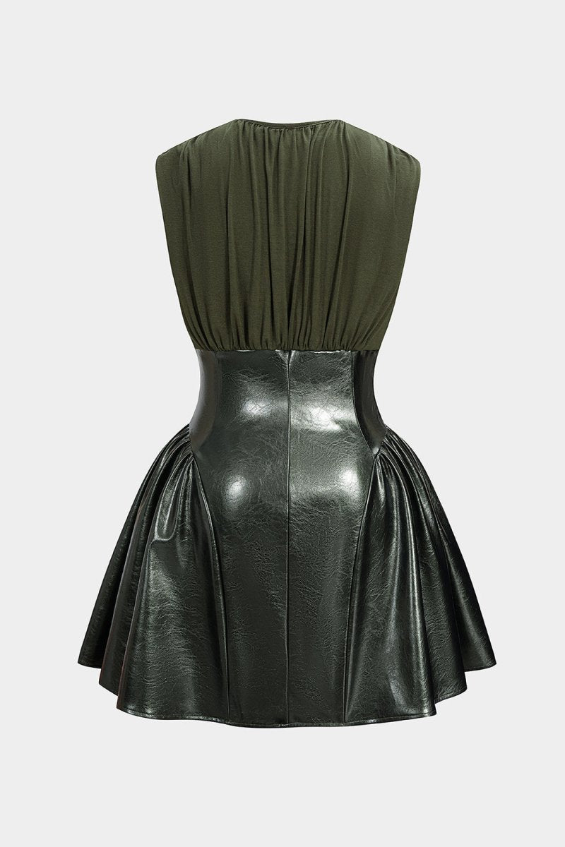 Faux Leather Patchwork Ruched Sleeveless Mini Dress - MISMIMCWDC2509300015-MILITARY-XS