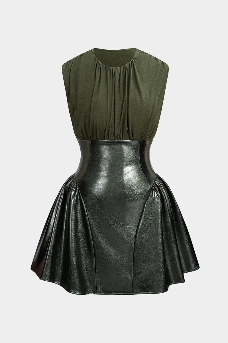 Faux Leather Patchwork Ruched Sleeveless Mini Dress - MISMIMCWDC2509300015-MILITARY-XS