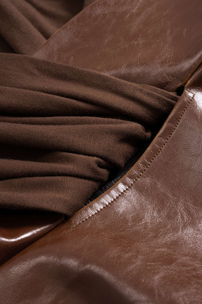 Faux Leather Patchwork Ruched Zipper Short - Sleeve Top - MISMIMCWTT2506040001-BROWN-XS