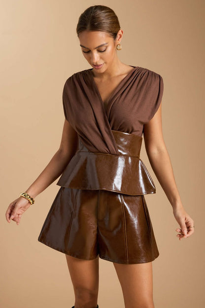 Faux Leather Patchwork Ruched Zipper Short - Sleeve Top - MISMIMCWTT2506040001-BROWN-XS
