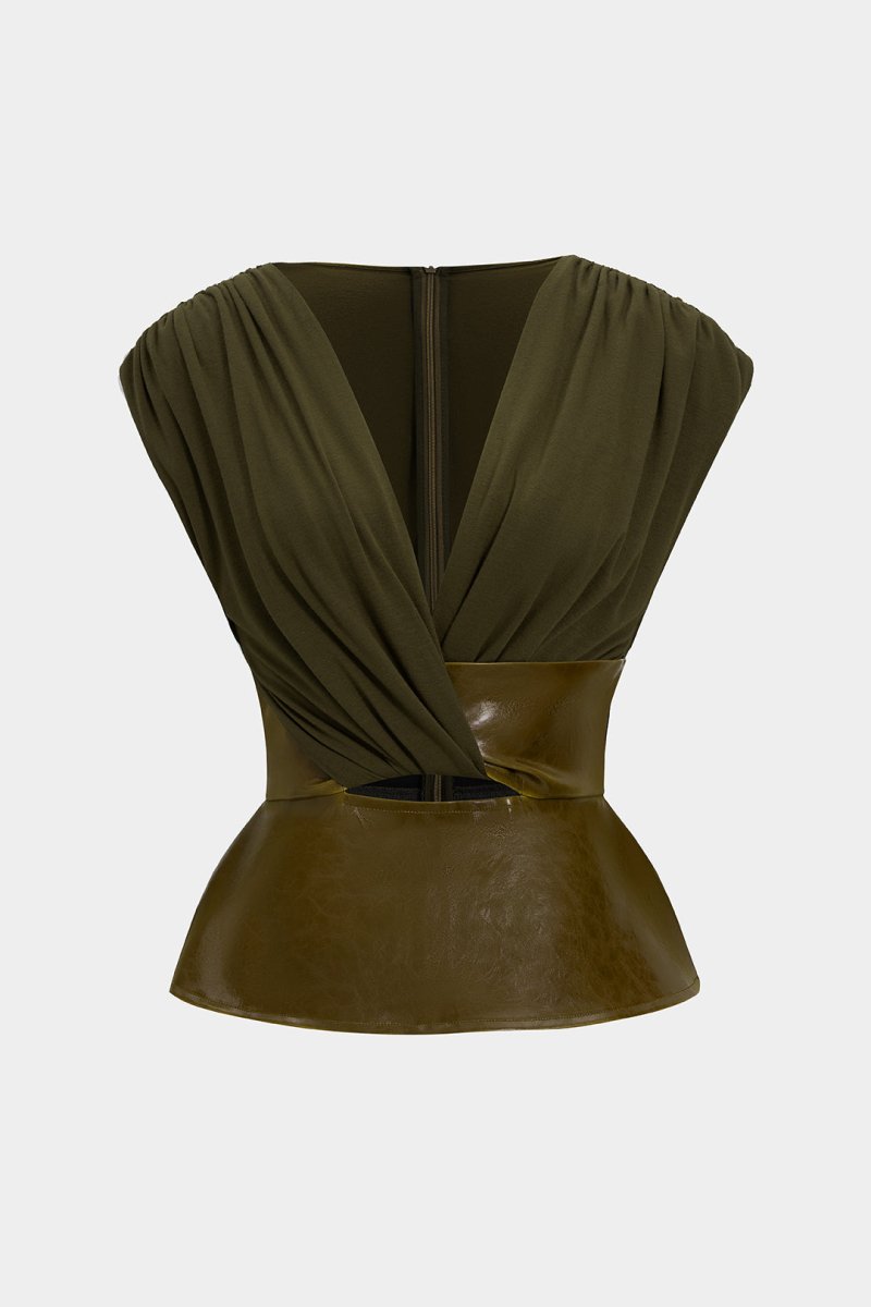 Faux Leather Patchwork Ruched Zipper Short - Sleeve Top - MISMIMCWTT2506040001-BROWNISH GREEN-XS