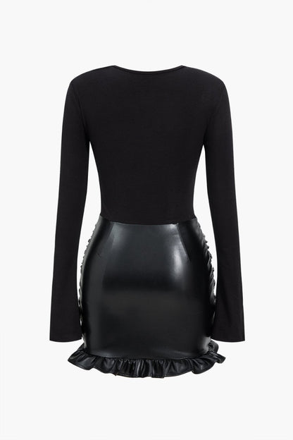 Faux Leather Patchwork Ruffle Ruched Long Sleeve Mini Dress - MISMIMCWDC2411130059-BLACK-XS