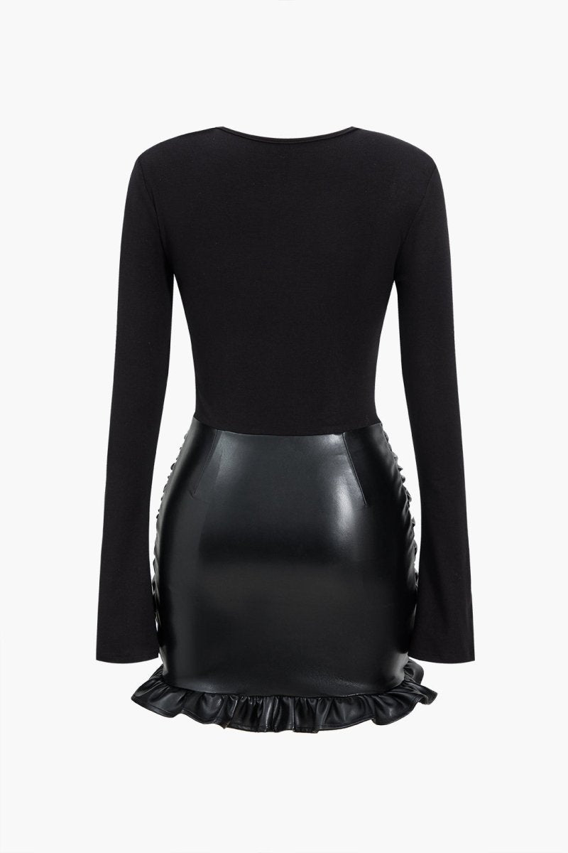 Faux Leather Patchwork Ruffle Ruched Long Sleeve Mini Dress - MISMIMCWDC2411130059-BLACK-XS