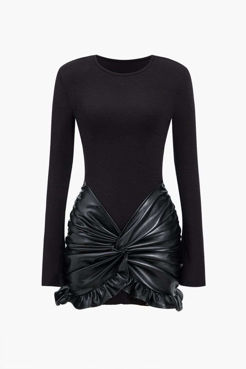 Faux Leather Patchwork Ruffle Ruched Long Sleeve Mini Dress - MISMIMCWDC2411130059-BLACK-XS