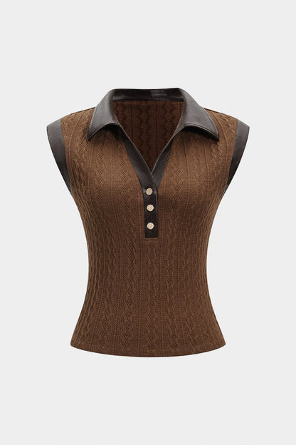 Faux Leather Patchwork Sleeveless T-Shirt - MISMIMCWTS2506040005-BROWN-XS